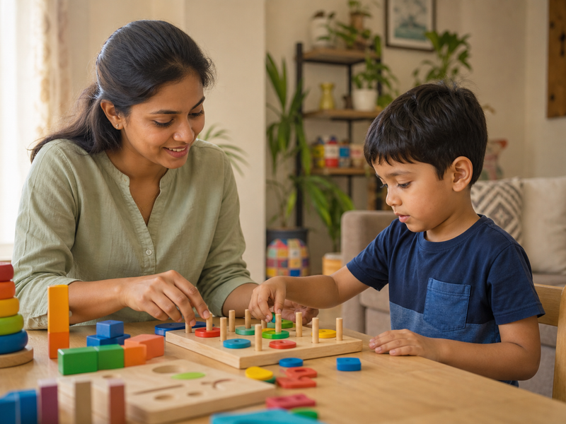 Occupational therapist working with a child at home in Delhi