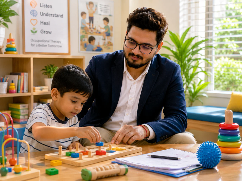 Occupational therapist working with a child on a wooden peg board activity
