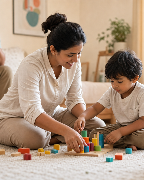 Occupational therapist doing play-based therapy with a child in a warm home living room